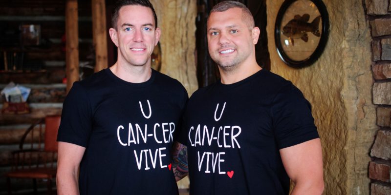Mike and Rob wearing U CAN-CER VIVE t-shirts supporting Who's Your Bartender?