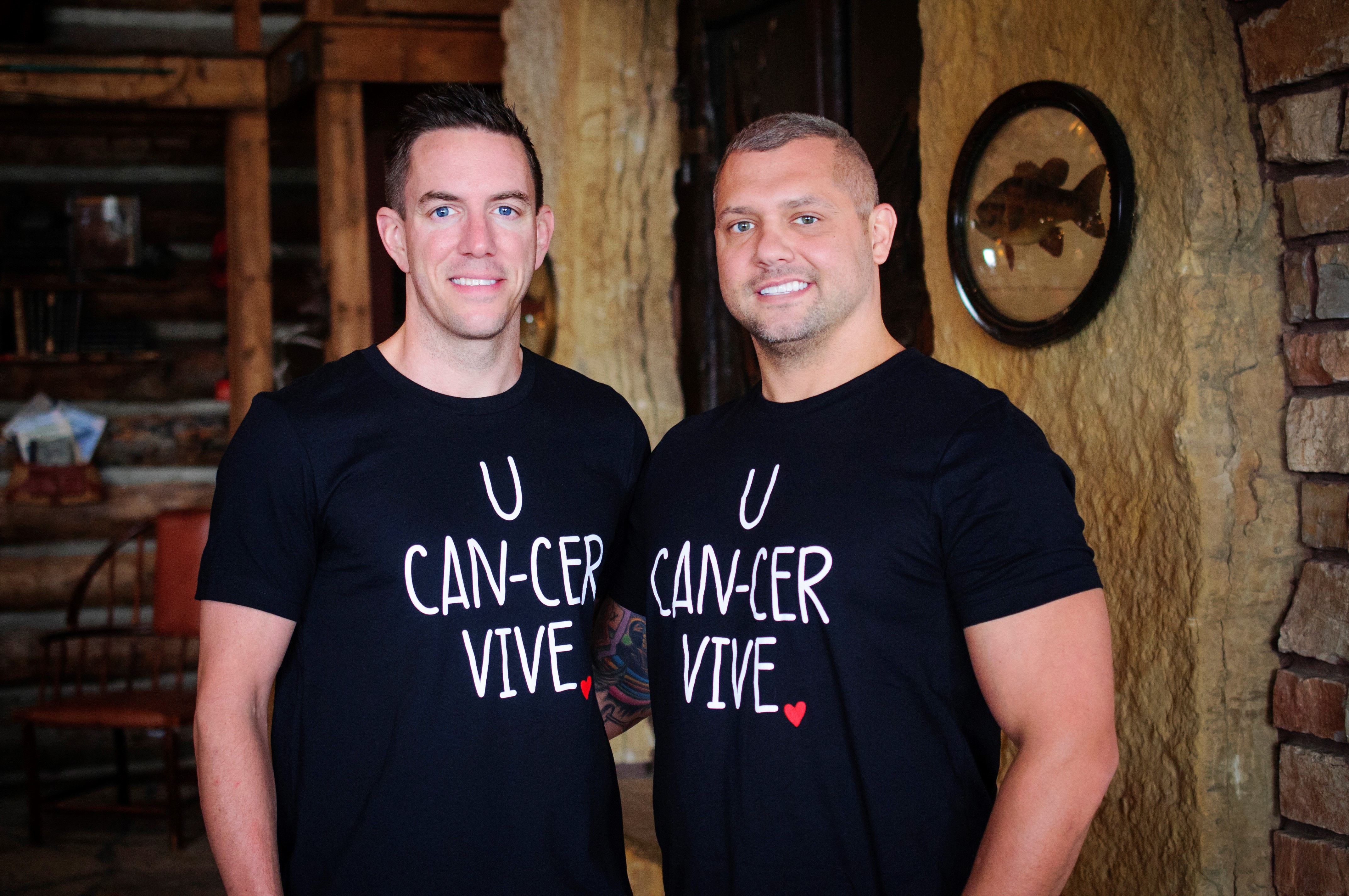 Mike and Rob wearing U CAN-CER VIVE t-shirts supporting Who's Your Bartender?